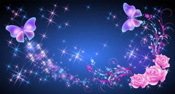 꽃 장식과 반짝이는 트레일이 있는 나비가 있는 핑크 장미 — 스톡 벡터