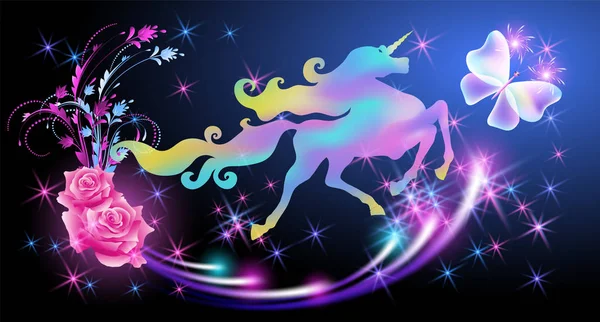 Unicornio iridiscente con lujosa melena sinuosa y ágora mariposa — Vector de stock