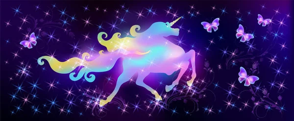 Iridescent unicorn with luxurious winding mane and butterflies a — Stock Vector