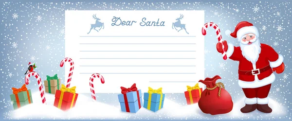 Papai Noel com doces listrados e carta de layout com desejo de lista — Vetor de Stock