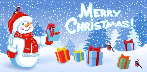 Cartoni animati divertente pupazzo di neve con confezione regalo, uccelli bullfinch in Sants ha — Vettoriale Stock
