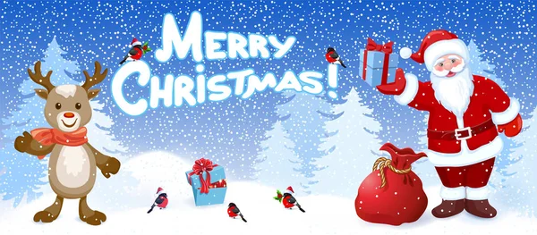 Cartone animato Babbo Natale con confezione regalo e renne cervo con bullf — Vettoriale Stock