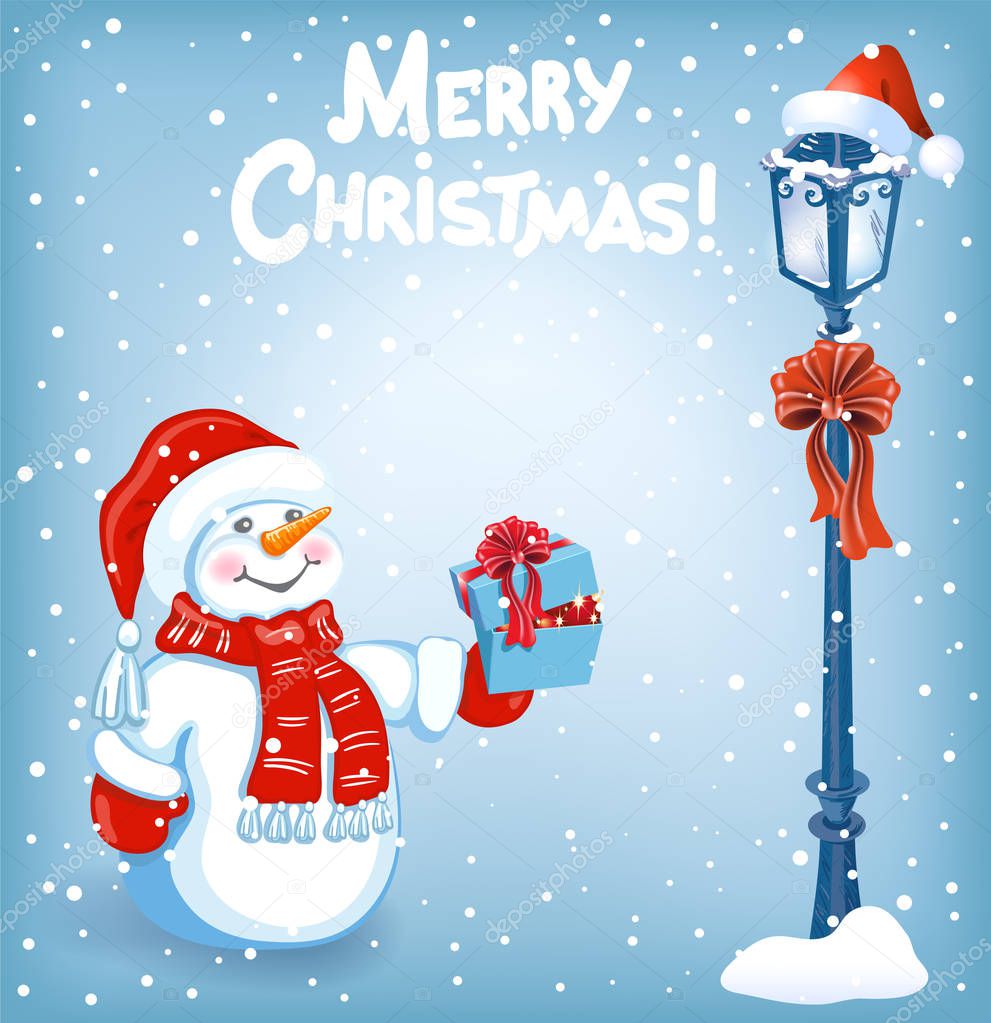 Cartoon snowman with gift box on background of Christmas snowfal