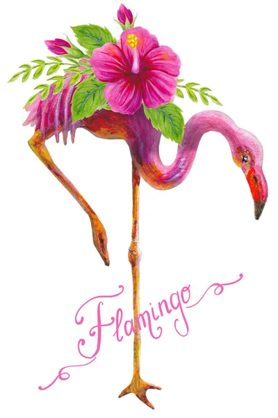 Ręcznie Rysowane Malarstwo Akwarelowe Różowym Flamingiem Chińskim Hibiskus Różane Kwiaty — Zdjęcie stockowe