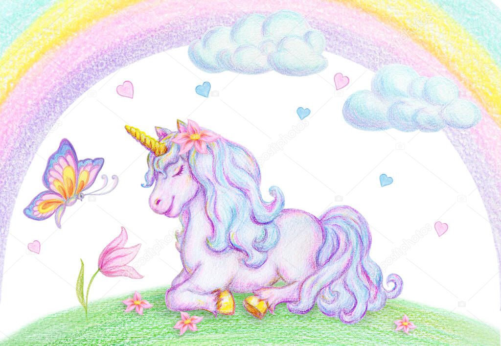 Fantasy watercolor pencil drawing of mythical sleeping Unicorn on green grass against clouds and rainbow background and flying butterfly