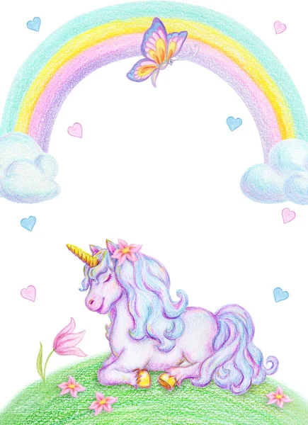 Fantasy Akvarell Penna Ritning Mytisk Sömn Unicorn Grönt Gräs Mot — Stockfoto