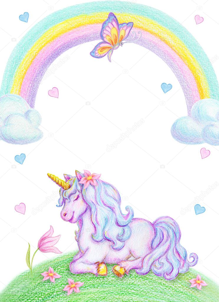 Fantasy watercolor pencil drawing of mythical sleeping Unicorn on green grass against clouds and rainbow background and flying butterfly. Birthday party invitation card template design.