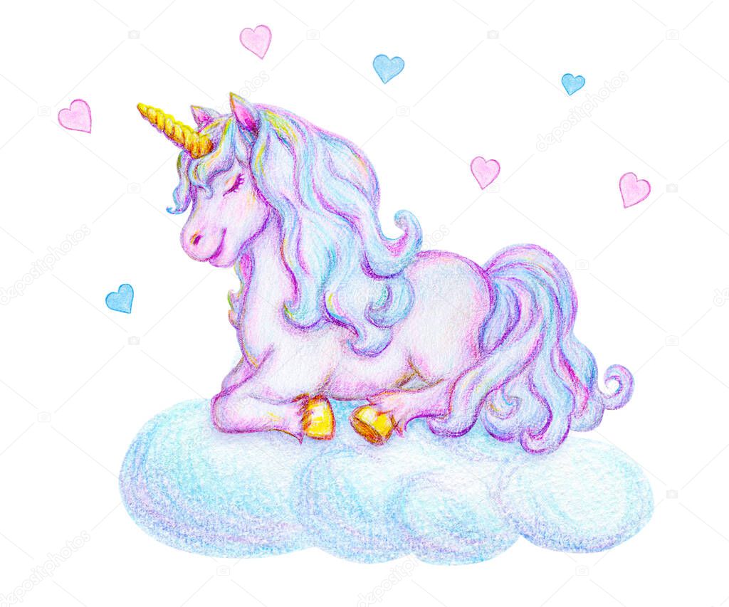 Fantasy watercolor pencil drawing of mythical sleeping Unicorn on cloud against small pink and blue hearts background