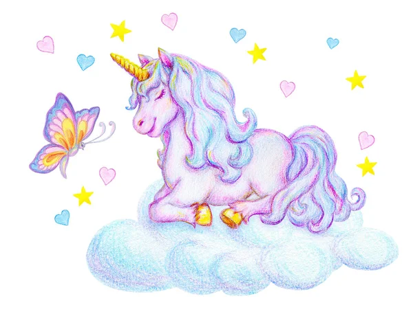 幻想的な水彩ペンシルドローイングの神話的な睡眠ユニコーンと蝶上の雲の上に小さなピンクと青の心と星の背景 — ストック写真