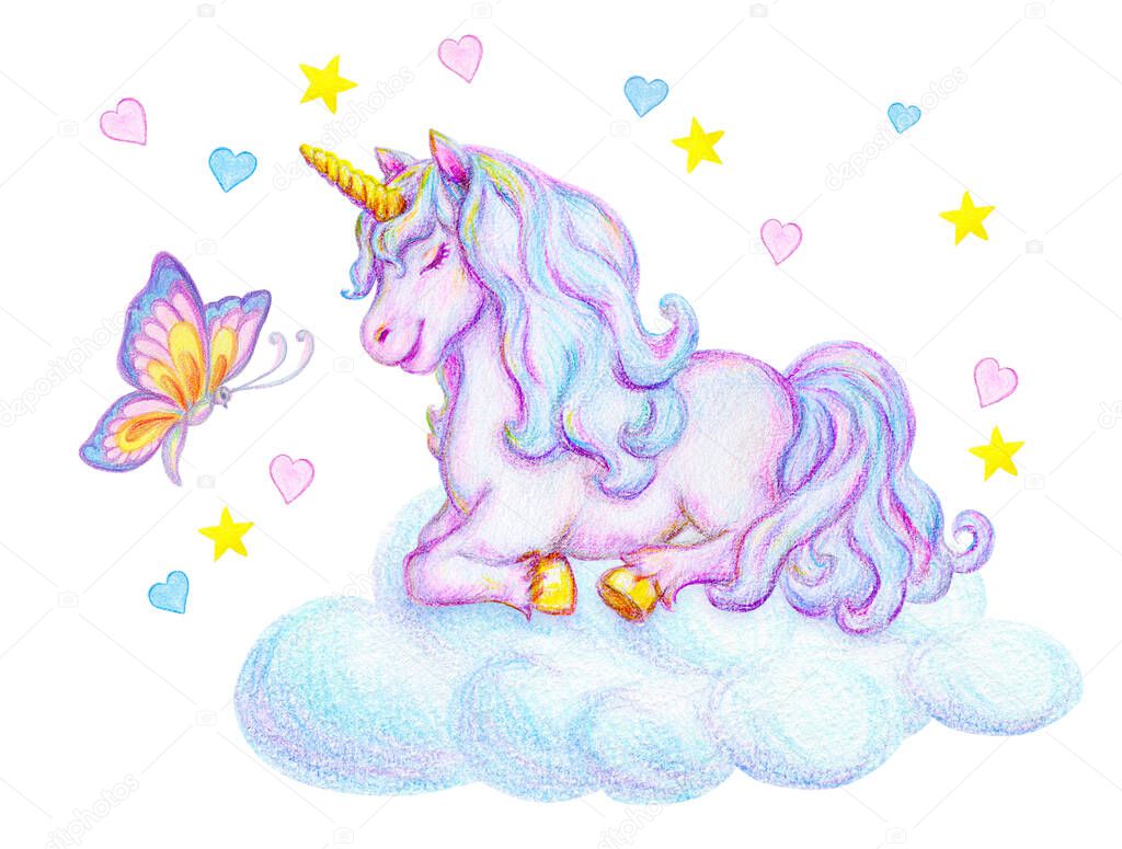 Fantasy watercolor pencil drawing of mythical sleeping Unicorn with butterfly on cloud against small pink and blue hearts and stars background