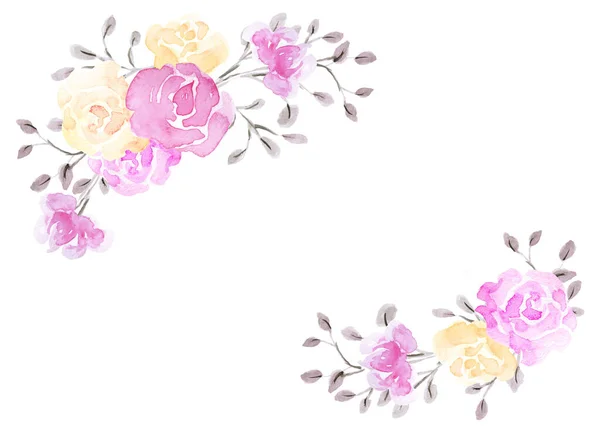 手绘水彩画与粉红色和黄色玫瑰花的花朵隔离在白色的背景 花角装饰 设计要素 — 图库照片