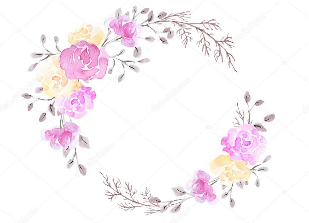 Hand drawn watercolor painting with pink and yellow roses flowers bouquet isolated on white background. Floral ornament. Design element round frame.