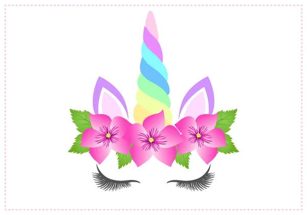 Fabuloso Lindo Unicornio Con Hermosas Flores Color Rosa Corona Cuerno — Vector de stock