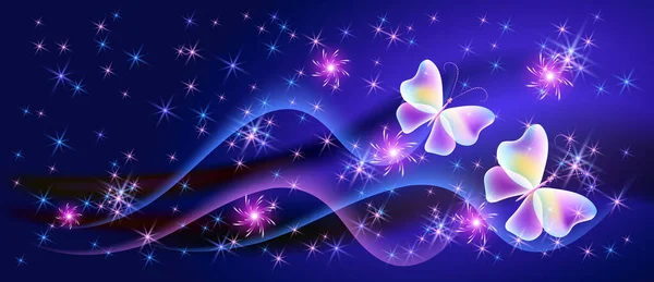 神秘的な透明な翼と輝く輝く星を持つ飛行ファンタジー素晴らしい蝶 — ストックベクタ