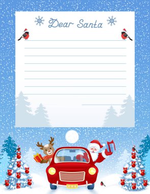 Noel Baba 'ya dilek listesi ve karikatür içeren bir mektup. Komik Noel Baba ve Noel Geyiği kırmızı klasik bir arabada. Hediye kutusuyla kış ormanı geçmişine karşı..