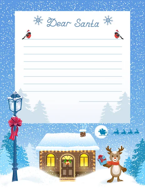 Layout Letter Santa Claus Wish List Cartoon Funny Fawn Deer — Stock Vector