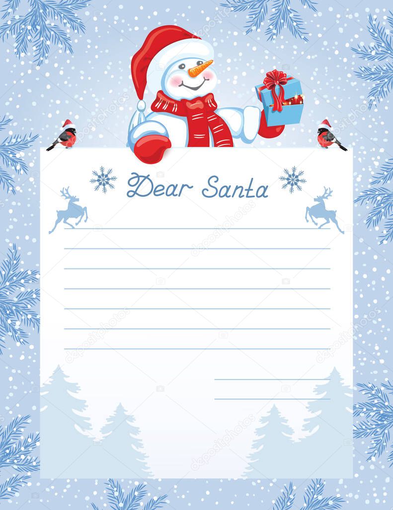 Layout letter to Santa Claus with wish list and cartoon funny Snowman with Christmas gift box and bullfinch