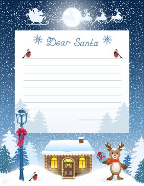 Noel Baba 'ya dilek listesi ve karikatür içeren bir mektup. Hediye kutusu ve Noel Baba' nın atölyesine karşı kış ormanı ve sokak lambası olan komik geyik.