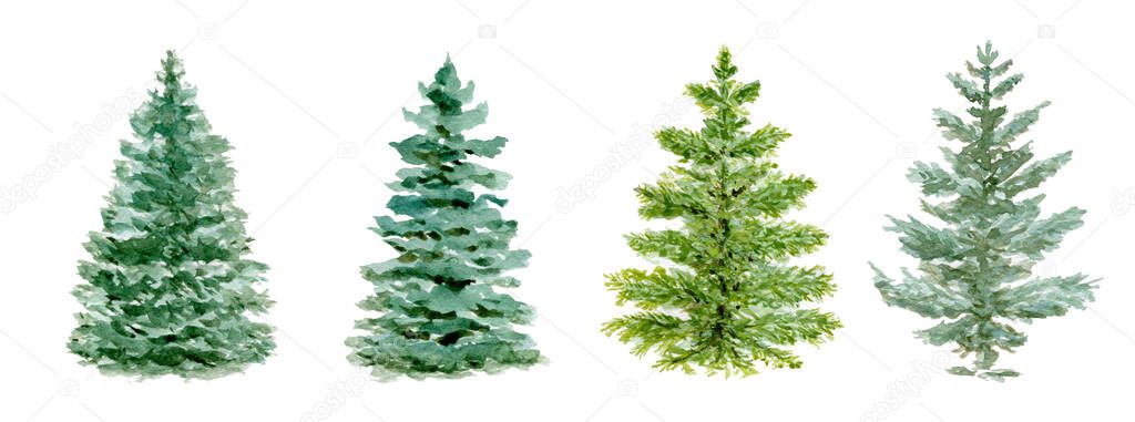 Christmas fir tree watercolor illustration isolated on white background, hand drawn winter spruce set for New Year holiday decor or celebration card.