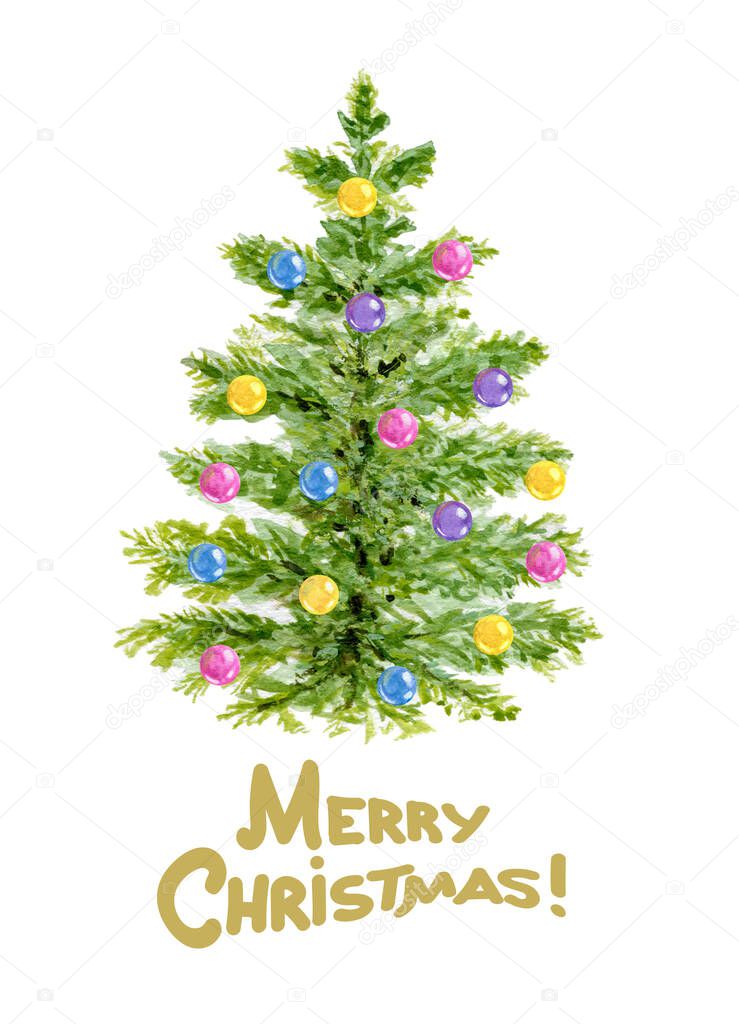 Christmas fir tree with decorative balls and greeting text, watercolor illustration isolated on white background, hand drawn winter spruce for New Year holiday decor or celebration card.