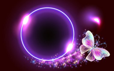 Sihirli şeffaf kelebekle parıldayan neon renkli yuvarlak çerçeve. Soyut fantastik mavi arkaplan.