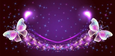 Parlayan peri masalı, şeffaf kelebekler ve parıldayan yıldızlarla soyut fantastik bir arka plan..