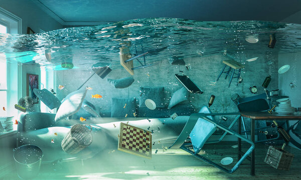 3D рендеринг изображения затопленной гостиной
