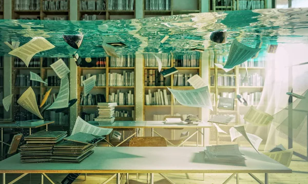 Flooded library abstract image 3d rendering — Stock Image Flooded Library Abstract Image Rendering Stock Photo