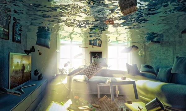 Flooded livingroom concept of house problem and humidity 3d rendering mage — Stock Image Flooded Livingroom Concept House Problem Humidity Rendering Mage Royalty Free Stock Images