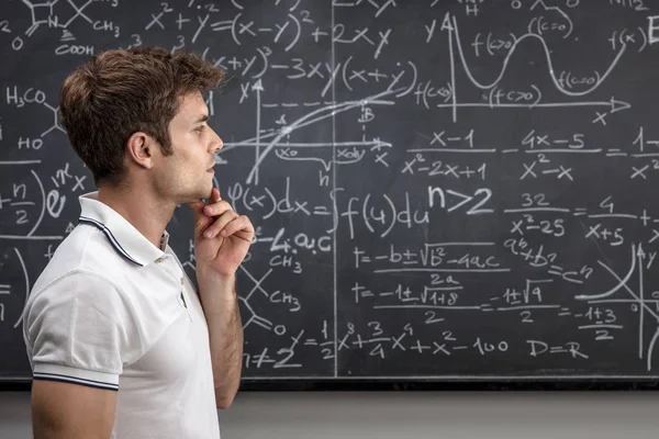 Caucasian Teacher Look Blackboard Think Problem Solution Royalty Free Stock Images