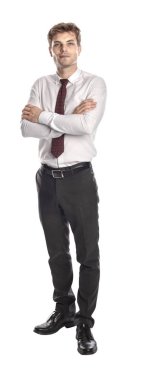 Beyaz arka plan geçti silah izole ayakta işadamı