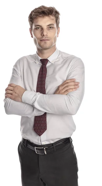 白い背景の交差の腕に分離した立っているビジネスマン — ストック写真