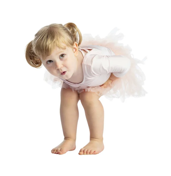 Portret Van Vrouwelijke Kind Praktijk Klassieke Ballet Geïsoleerd Witte Achtergrond — Stockfoto