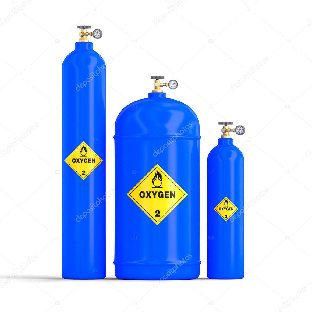 3d image of gas oxygen cylinders on white background