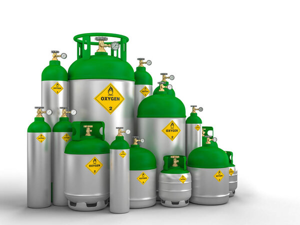 different oxygen cylinder container 3d rendering image
