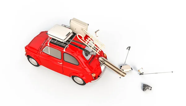 Darstellung Von Rotem Kleinen Italienischen Auto Und Fallenden Wintersportsachen — Stockfoto