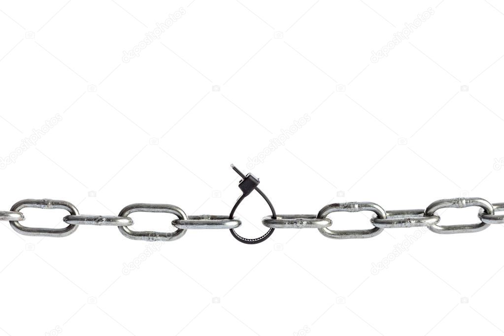 metal chain join with zip tag isolated on white background