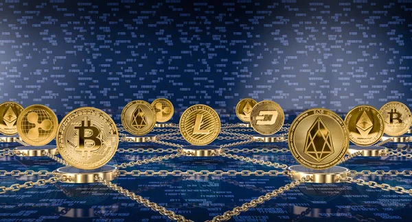 Metall Gold Kryptomünzen Und Blockchain Konzept Rendering Image — Stockfoto