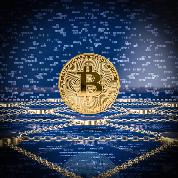Bitcoin 동전과 Blockchain 렌더링 이미지 — 스톡 사진