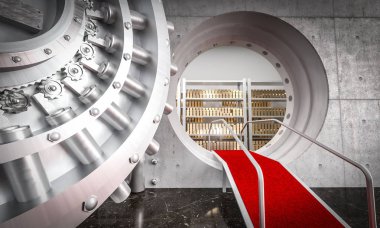 büyük banka tonoz ve altın külçe kırmızı halı ile 3D görüntü