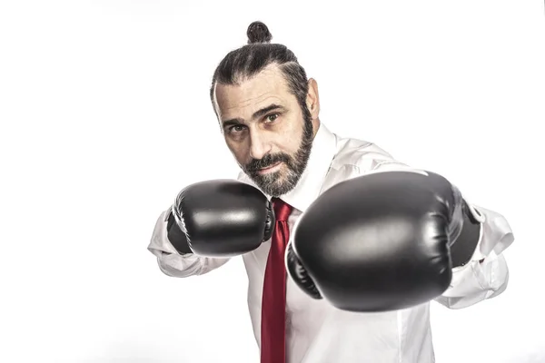 Affärsman Med Boxhandskar Isolerad Vit Bakgrund — Stockfoto