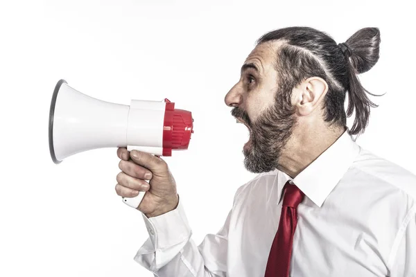 Hombre Negocios Aislado Gritando Megáfono — Foto de Stock