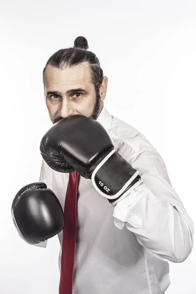 Podnikatel Boxerské Rukavice Izolovaných Bílém Pozadí — Stock fotografie
