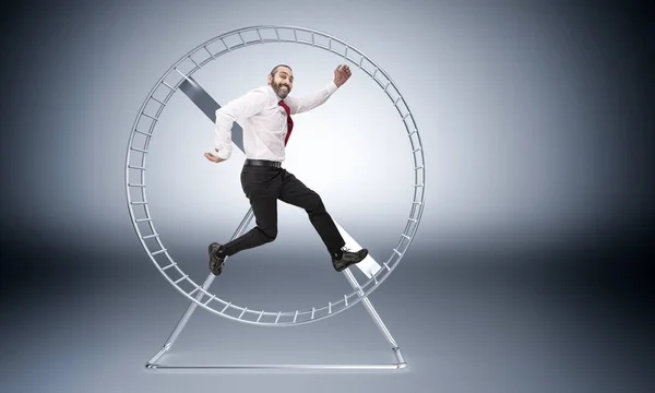 Homme Affaires Caucasien Dans Hamster Wheele Est Heureux Travailler Dur — Photo