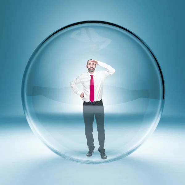 Homme Affaires Caucasien Debout Dans Une Bulle Verre — Photo