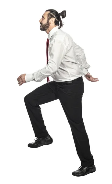 Geschäftsmann Posiert Beim Treppensteigen Isoliert Auf Weißem Hintergrund — Stockfoto