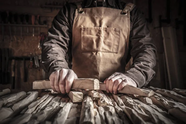 Detail Carpenter Holding Carved Wood — Stock Photo, Image