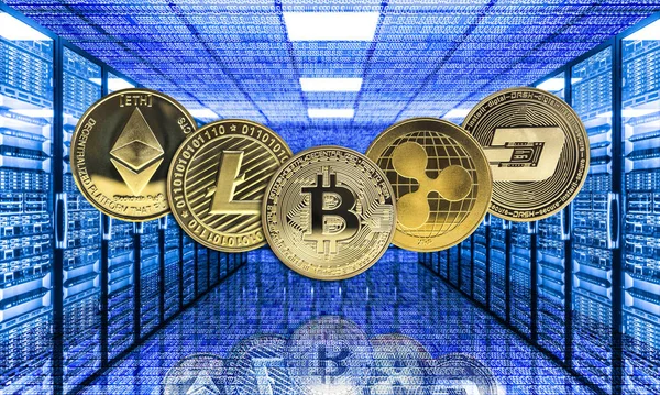 Golden Crypto Currency Coin Modern Data Center Image — Stock Photo, Image