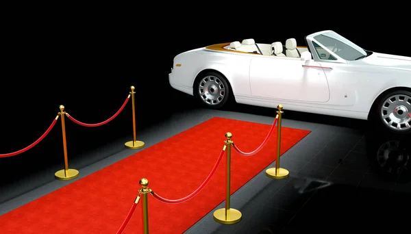 豪华车和红地毯与屏障3D 渲染图像 — 图库照片