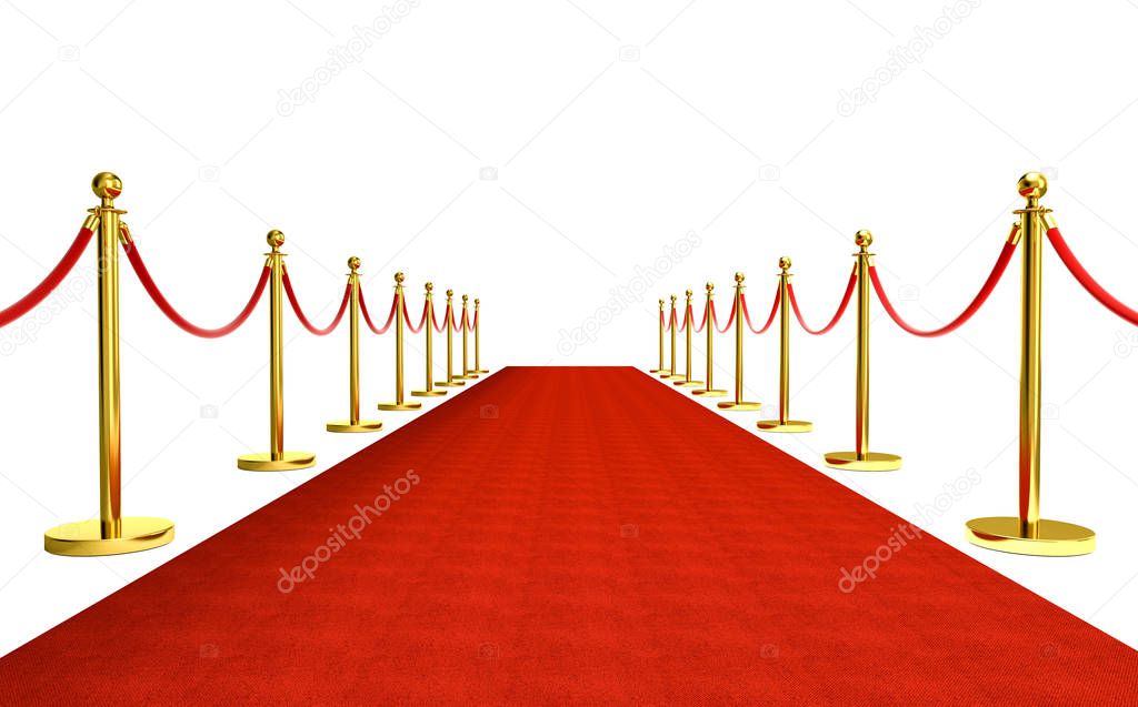 isolated red carpet and golden barrier with red rope 3d rendering image